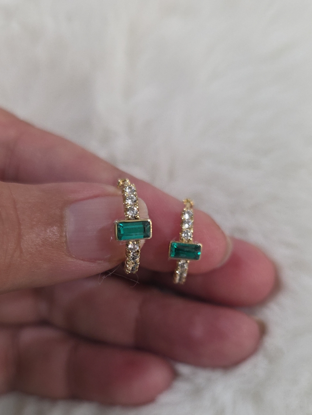 14k Gold-Plated Hoop Huggies with Emerald Green Stone and Cubic Zirconia